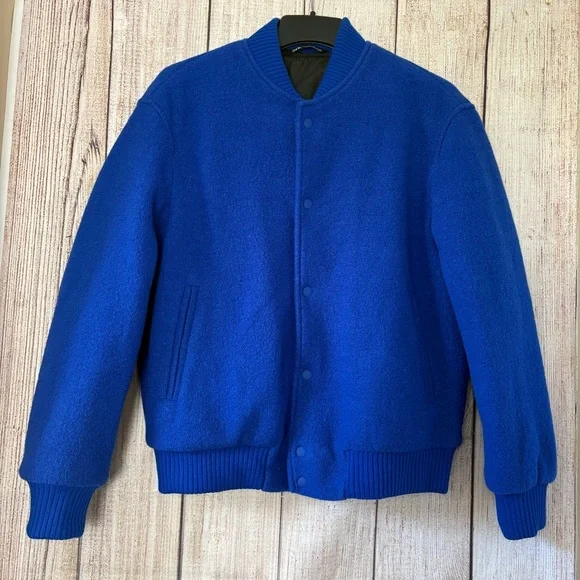 Zara Mens Wool Varsity Blue Bomber Jacket size Large - Picture 3 of 10